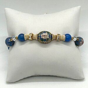 Cloisonné Floral Bracelet With Blue Glass Beads Gold-Tone Accents & Screw Clasp